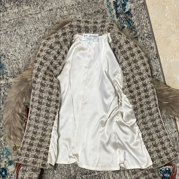 ST. JOHN fox fur Houndstooth knit wool Skirt suit set jacket silk lined - Picture 10 of 17